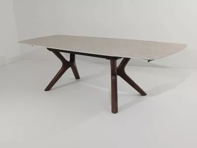 Стол КИРАН (KIRAN) 180 БЕЖЕВЫЙ МРАМОР (MATTE SICILY BEIGE SOLID CERAMIC) / Орех темный, ®DISAUR