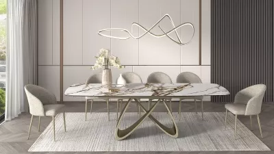 Стол PALACIO 180  KL-188 Контрастный мрамор матовый, итальянская керамика/ Шампань, ®DISAUR