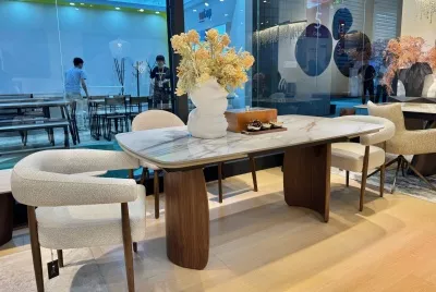 Стол ВЕСТБЕРГ (WESTBERG) 180 КАЛАКАТТА (GLOSS CALACATTA GOLD SOLID CERAMIC) / Орех натур, ®DISAUR