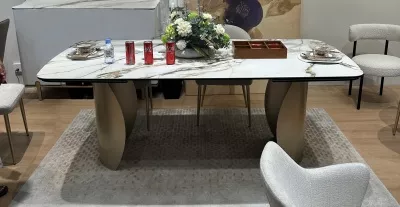 Стол BRONTE 200 раскладной KL-188 Контрастный мрамор матовый, итальянская керамика/ Шампань, ®DISAUR