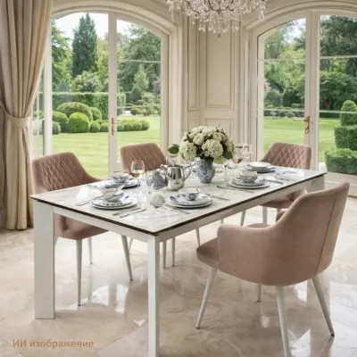 Стол КРЕМОНА (CREMONA) 180 KL-188 Контрастный мрамор матовый, итальянская керамика/ БЕЛЫЙ, ®DISAUR